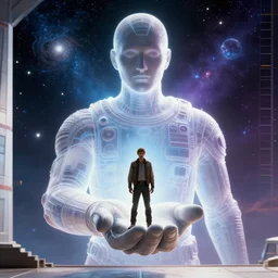 super detailed photorealistic digital art, film still of a light form of human giant holding a tiny man in front of him in his hand, a universe from'lost in space ( 2 0 1 8 )'on background, frontal worm view, long shot, cowboy shot, wide shot, unreal engine, octane render, colorful, digital art width 5 1 2 - - height 7 6 8 - - steps 1 0 0 - - cfg _ scale 5