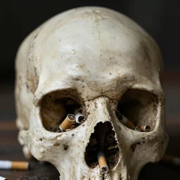 close up top of human skull missing and the inside is filled with cigarette butts, dark blurry background
