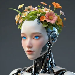 close up portrait of a cyborg with flowers growing out of its head, artstation