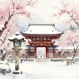 japanese 寺 in a 雪 landscape surrounded by 桜, long shot, watercolour painting