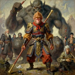 portrait full body monkey king wukong medieval chines armor fighting giant yokai with wood stick by gaston bussiere, greg rutkowski, yoji shinkawa, yoshitaka amano, moebius, tsutomu nihei, donato giancola, tim hildebrandt, oil on canvas, trending onartstation, featured on pixiv, cinematic composition, extreme detail