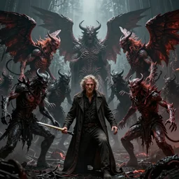 a cinema still of the seven archangels fighting a horde of demons in hell shot by guilliermo del toro, horror, dark, natural, hyper detailed, digital art, trending in artstation, cinematic lighting, studio quality,