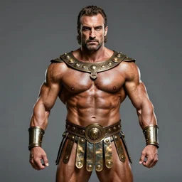 matteo salvini wearing bronze age clothing, bodybuilder, anatomical, symmetrical, zoom out, high quality, high definition, 8 k, photograph photorealistic by frank frazetta