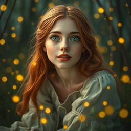 an amazed young woman surrounded by golden firefly lights in a mesmerizing scene, sitting amidst nature fully covered, intricate detailed dress, long loose red hair, precise linework, accurate green eyes, small nose with freckles, smooth oval shape face, empathic, bright smile, expressive emotions, hyper realistic ultrafine portrait by artemisia gentileschi, jessica rossier, boris vallejo