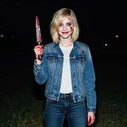 loish, artgerm, Joshua Middleton art, pretty female Alison Brie serial killer holding bloody knife in right hand five fingers, blood on clothes and face, sarcastic smile, symmetrical eyes, symmetrical face, full body, jean jacket, jeans, short blonde hair, middle shot, night time, deep blacks