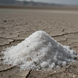 mound of salt shaped mount everest, cracked desert background. somber. haunting. 40mm lens, shallow depth of field, split lighting