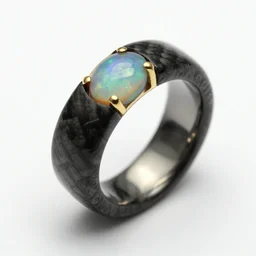 carbon fiber ring with opal insert and gold accents, photoreal, detailed