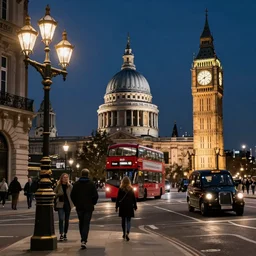street view of london city at night by cyril rolando and naomi okubo and dan mumford. elegant edwardian street lamps. double decker bus. st pauls cathedral. london bridge. black taxi cab. big ben clock tower.