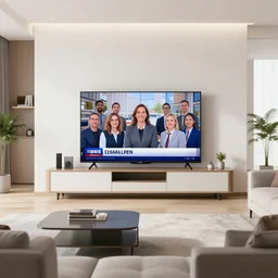 in the spacious and bright modern living room, the tv is playing the news broadcast by virtual people, highly detailed