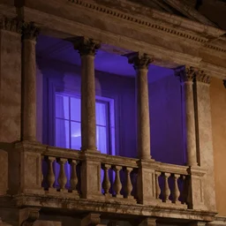 small roman columns lining a balcony at night, with moody purple light coming from the window behind them