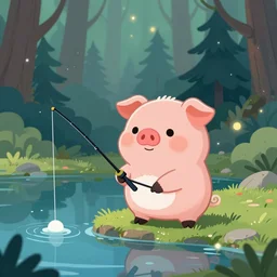 a cartoonish cute anthropomorphic pig is fishing on a lake in a mystical forest full of wonders, pine trees, magical atmosphere, trending on artstation, 30mm, by Noah Bradley trending on ArtStation, deviantart, high detail, stylized portrait