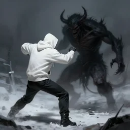 a winter warrior dressed in a white hoodie fighting a dark shadow demon in a desolate landscape, gloomy, intricate, highly detailed, digital painting, artstation, concept art, smooth, sharp focus, illustration, art by artgerm and greg rutkowski - n 9
