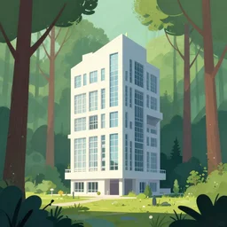 an illustration of a post - modern building in the woods, trending on artstation, central composition, very cartoon, shape focus, high detailed, by simon stalenhag
