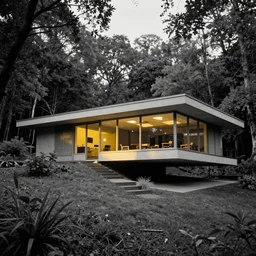 architecture ad for a mid-century modern house in the middle of the forrest, designed by Frank Gehry. Film grain, cinematic, grayscale, yellow hue