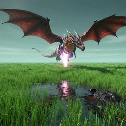 a lush green field, with dragons flying overhead, a sense of awe,, monogon, plasma display, glossy, charred, water, ray tracing reflections,