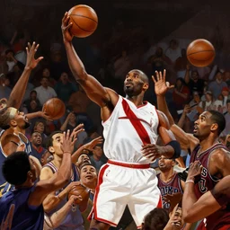 a detailed digital art rendition of kratos as lebron james throwing basketballs in a mosh pit, art by norman rockwell