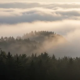 A misty forest at sunrise with billowing clouds and dramatic lighting, 4k