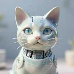 a close portrait of a cybernetic cat made from porcelain, insane reflexions, pastel colored, daylight, peaceful, 8 k, ambient occlusion, sub surface scattering, octane render, symetrical features