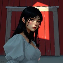 a young woman in!! the shadow! of a red barn!. black hair, white! dress, sharp focus, wide angle, digital art by eddie mendoza, trending on artstation, official fanart behance hd artstation by jesper ejsing, by rhads and makoto shinkai and lois van baarle and ilya kuvshinov and rossdraws