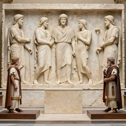 ancient romans on family feud game show, face off podium, stone relief, high detail, wide angle, photorealism