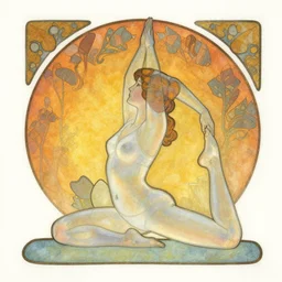 a copic maker illustration of a translucid woman doing yoga by greg rutkowski, alphonse mucha agnes martin