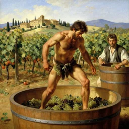 muscular, hairy male stomping grapes in a large wooden vat, near a vineyard, tuscan village painting by gaston bussiere, craig mullins, j. c. leyendecker, tom of finland
