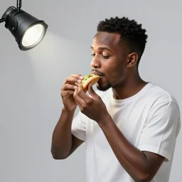 a 🇩🇪 man eats a 🥒, puppet, spotlight, iridescent