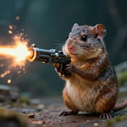 portrait of small bipedal fantasy rodent!! firing alien fantasy gun at towardsscreen, cinematic, portrait, macro, from the new science fiction movie, 8 k, f 1. 8!!!