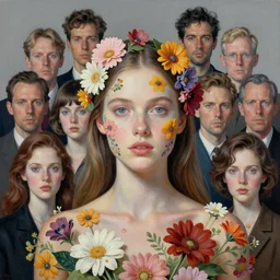 portrait of beautiful mysterious girl covered in flowers by peter lindbergh, sam spratt, michael page, julie heffernan, glenn brown, ayami kojima, greg hildebrandt, brian froud, paolo roversi, kilart, 8 k, hyper detailed, hyper realism, acrylic paint, surrealism, smooth, sharp focus.