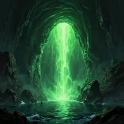 a scary glowing green scifi portal to another world in darwin's arch in the galapagos islands, ocean and rock landscape, science fiction, intricate, elegant, highly detailed, digital painting, artstation, concept art, matte, sharp focus, illustration, art by greg rutkowski and rembrandt