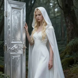 portrait of the goddess of memory standing next to a silver door portal in a forest, white hood, white dress, blonde, fantasy, magical, spiritual, detailed and intricate, elegant, highly detailed, digital painting, trending on artstation, by wlop, 4 k octane render