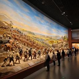 megalophobia!!!!! photo of an exhibit museum room, people looking at a huge realistic tri - dimensional diorama depicting the full history of humanity, national art museum, scientific, ethereal, rule of thirds