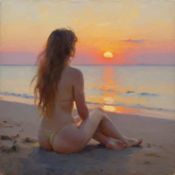 nymph sitting by the beach looking at the sunset. oil painting
