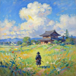 tiny samurai in front of a futuristic japanese country side landscape, edo era house in the background, blue sky, magnificient clouds, lofi vibe, vivide colors, amazing light, really beautiful nature, oil painting, impressionist style, by claude monet, by ghibli, abstract kandinsky elements, multiple brush strokes, masterpiece