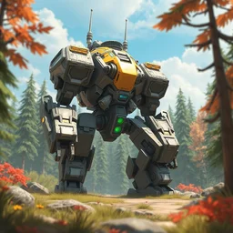 the fortress robot in the overwatch game, cg rendering, the background is a beautiful forest