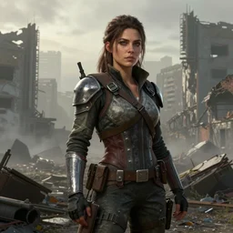 fallout 5, charismatic beautiful rugged brunette female protagonist, portrait, outdoors ruined cityscape, atmospheric lighting, painted, intricate, volumetric lighting, beautiful, foggy, daytime, slight overcast weather, sharp focus, deep colours, ultra detailed, by leesha hannigan, ross tran, thierry doizon, kai carpenter, ignacio fernandez rios