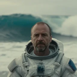 on ocean , bokeh !!cinematic close up shot of saul goodman wearing the spacesuit in scene from the movie interstellar ,shady dull weather, panorama,natural dull colours, anamorphic, epic cinematic,  DOF,exteremely giant ocean wave in background