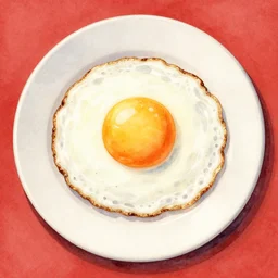 fried egg, soft yolk, only the plate, kseniia yeromenko, rob duenas, watercolor, illustration, red background, highly detailed