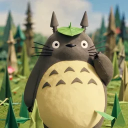 totoro in film still with a full still life film still commercial extreme closeup photo of real - life intricate origami plant, perfect eyes, tilt shift zaha hadid real - life origami forests background, ghibli leaf hat insta filter, cinestill, 8 k