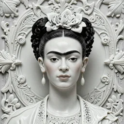 Frida Kahlo , A Close up photo-real delicate ceramic porcelain sculpture of a symmetrical ornate detailed in front of an intricate background by Victo Ngai and takato yamamoto, micro detail, backlit lighting, face in focus, subsurface scattering, translucent, thin porcelain, octane renderer, colorful, physically based rendering, japanese pottery, trending on cgsociety