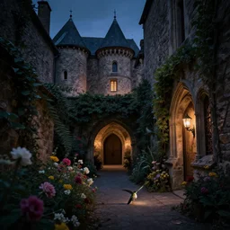 dark creepy secret passageway in lourmarin, flowers, medieval, hummingbirds, at dusk