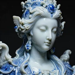 a dark baroque close - up portrait of an ornate blue and white porcelain being made out of white sci - fi vitrified translucent ceramic marble ; china. reflective detailed textures. gloomy black background. highly detailed fantasy science fiction painting by moebius, norman rockwell, frank frazetta, and syd mead. rich colors, high contrast. artstation
