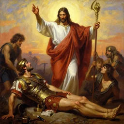 jesus christ, a powerful long haired man in a robe. he's standing above a wounded roman soldier, mocking him. oil painting in the style of frank frazetta, boris vallejo, ilya repin. warm colors. detailed and realistic. concept art