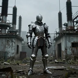 Techno organic Arthurian Knight standing in an abandoned electrical plant, Elden Ring, Dark Souls, full body single character, moody colors, 4k, glowing eyes in helmet, industrial environment, horror movie cinematography, electrical plant location, ultra realistic, centered in frame,