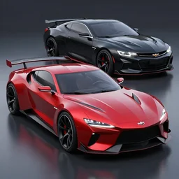 sports car based on nissan and chevy sports car body styles, nissan sports cars, chevy sports cars, concept car, sharp focus, ruby red and black paint, trending on artstation, unreal engine, automotive concept, concept art, car design by jon sibal and khyzyl saleem