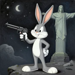 Bugs bunny x holding an uzi painting by android jones in the style of cosmic christ by alex grey