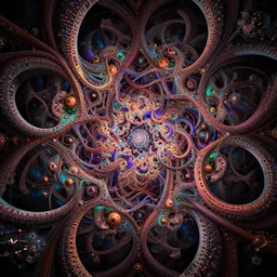 3d fractal wallpaper by Escher, geometrical figures, mandelbulb, wanderland, space, magic, fragmentarium, 3d effect, picture through the screen, spirals tubes roots, completely filled space, psychedelic!!, 3d fractal background, digital art, high details, depth of field, hard lighting!, trending on artstation, deviantart, octane render, HD, (((Low light))), 8k, eric zener, zdzisław beksiński, vivid, artgerm, dark background