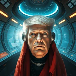 fantasy portrait, digital painting, interior, centered perspective, bright utopian retrofuturistic. touchscreens and diagnostic data, realistic perfect expression, subconscious connects, purified consciousness, ringworld, donald trump universal emperor god king, artifacts, mass effect, foundation, dark knight, beautiful, luminous skies, pascal blanche, michael cheval, peter mohrbacher, jessica rossier, magali