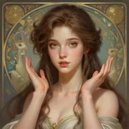 a cute fantasy woman character, accurate anatomy, only two hands, highly detailed, digital painting, artstation, concept art, smooth, sharp focus, illustration, Unreal Engine 5, 8K, art by ross tran and greg rutkowski and alphonse Mucha