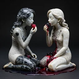 queer sculpture of two emo girls eating berries, made from obsidian and and pumice and japanese glazed pottery and glass, sensual, in a puddle of berry juice, black background, zen,